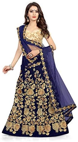 Queen of India Women's Cotton Silk Embroidered Semi-Stitched Lehenga Choli and Dupatta Set (Blue, Free Size)