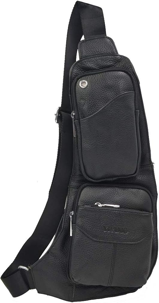 Xieben Leather Sling Bag Backpack for Men Women Crossbody Shoulder Chest Day Pack Outdoor Travel Sports Hiking Daypack #07black