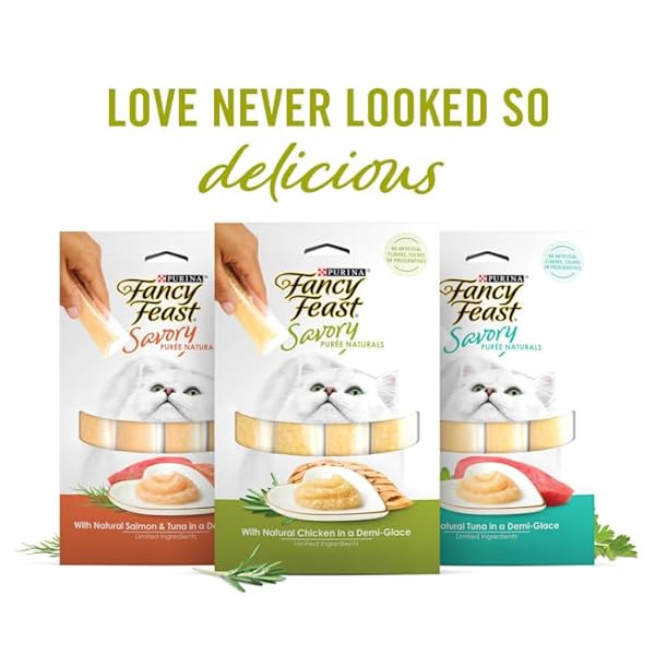 FANCY FEAST SAVORY PUREE NATURALS CHICKEN FLAVORED IN A DEMI-GLACE SQUEEZABLE ADULT CAT TREATS, 1.4 OZ.
