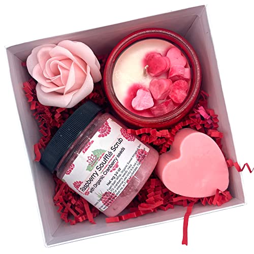 Organic Bath Gift Set for Women - Gentle Raspberry Sugar Scrub, Strawberry Shea Butter Soap, Bella's Kiss Candle in Glass Jar - Spa Gift Basket in White Box Gift for Her - MADE IN USA