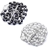 XAM 2Pcs/set Rosary Bead Cross Catholic Necklace Set Catholic Multicolor Rose Necklace Jewelry Religious Jesus Necklaces for Women Men