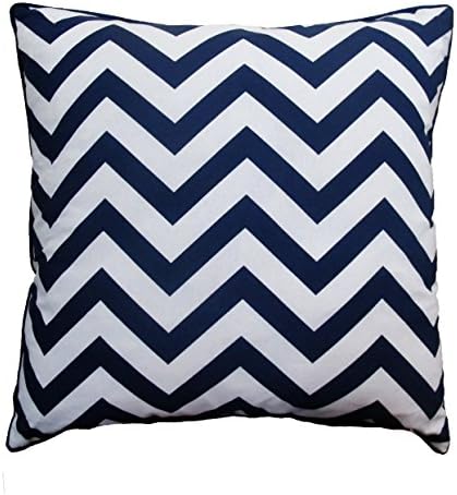 Decorative Throw Pillow Cover : 100% Linen : 18 x 18 Inch (Large) : White with Navy Blue Chevrons