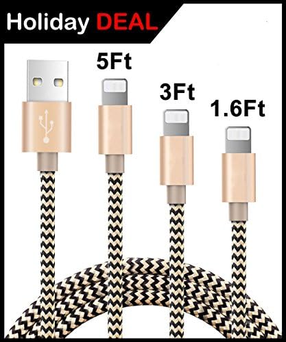 Ambet iPhone Lightning Cable to USB Cable- 3PCS 1.6Ft 3Ft 5Ft (0.5M 0.9M 1.5M) Gold Cord -Sync apple iOS iPhone Charging Charger Cable for iPhone 7/SE/6s/6/ 5/5c/5s/Plus, iPad, iPod