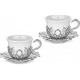 Alisveristime 2-Piece Turkish Coffee Cup Set with Zamac Holders and Saucers – Elegant Ottoman Design with 2 Color Options (Silver)