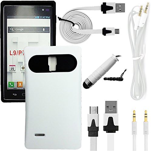 NEWTECK Rugged Impact Proof Hybrid Dual Layer Shock Resistant Case +Micro USB Data / Charger Cable + Auxiliary Cord &amp; Mini Pen Stylus Bundle for LG Optimus L9 (4 Piece Kit - Credit Card Holder White)