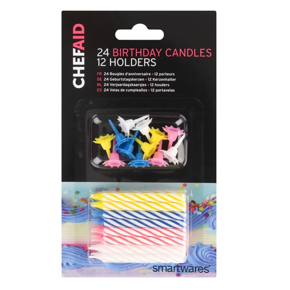 Chef Aid Decorative Birthday Cake Candles, 36 Piece Set with 24 Candles Perfect for Decorating a Birthday Cake or Cupckaes, Comes with 12 Holders