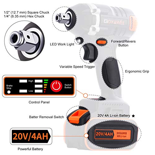 Cordless Impact Wrench 1/2 Inch - GOXAWEE 20V Electric Impact Gun (4Ah Battery, 300Nm, Brushless, 1/2 & 1/4 Inch Quick Chuck, 2-Speed, Tool Bag) - High Torque Impact Driver Kit for Home & DIY Project