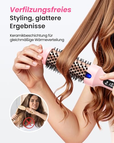 Haokoo Thermal Brush - Thermal Brush 38 mm for Salon Styling in 8 Mins, Ionic Curling Brush Reduces Frizz by 70%, 6 Temperature Levels Suitable for All Hair Types, Double Tension for Travel, Home