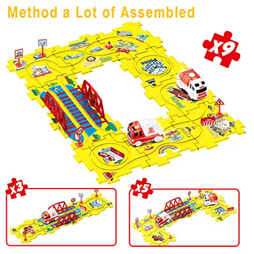 BOBXIN DIY Puzzle Tracks Car Glow in The Dark Play Set Fire Truck Themed Style Vehicle Interchangeable Tracks 18 Pieces Sets for Kids 3 4 5 6 Years Old
