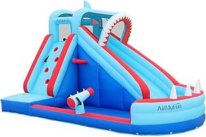 GENERIC AirMyFun Water Bounce House Shark Theme Water Slide Water Park, Splash Pool, Water Spray and Basketball Hoop for Kids Outdoor