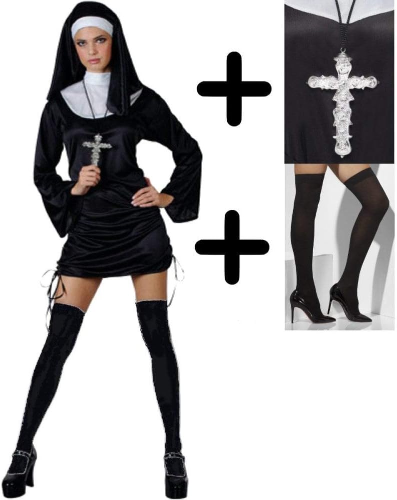 A2ZFD Naughty Nun Sexy Ladies Halloween Hen Fancy Dress COSTUME + BLACK STOCKINGS + CROSS, M (UK: 14-16)