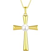 YL Cross Necklace 925 Sterling Silver Halo Freshwater Pearls Pendant Polished Religious Jewelry for Women