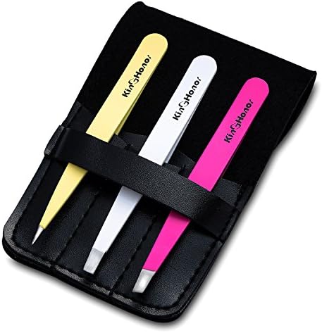 KinGHonor Stainless Steel Tweezers Sets – Premium Straight ,Slant and Pointed Tip Tweezers with Leather Case –Perfect for Removing Eyebrow ,Ingrown Hair and Nose Hair, Splinters Removal Tweezers