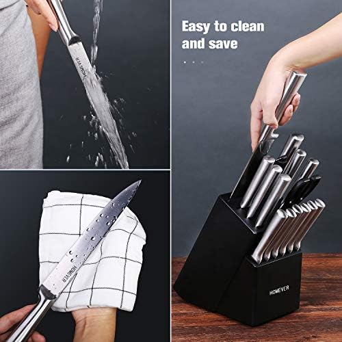 HOMEVER Couteau de Cuisines, 16 Pièces Set Couteaux de Cuisine en Acier Inoxydable avec Bloc en Bois, Ensemble de Couteaux, Couteaux de Chef avec Porte, Bloc de Couteaux pour la Cuisine