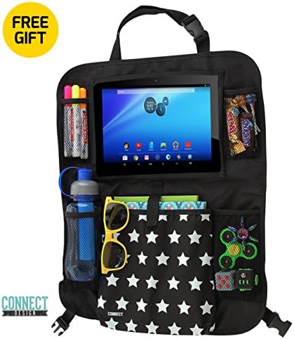 Car Back Seat Organizer Stars Design - Touch Screen Pocket for Android &amp; iOS iPad Tablet up to 10.1" with Storage / Bottle pockets + 2 Headrest Hanger Holder Hooks