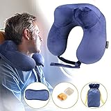 Inflatable Neck Pillow, Morecoo Travel Pillow, Super Soft, Foldable and Washable, Head, Chin and Neck Support, Portable Travel Set(Dark Blue)