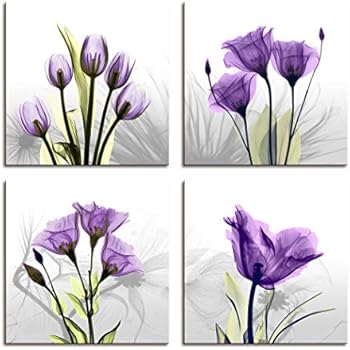 Moyedecor Art - 4 Panel Elegant Tulip Flower Canvas Print Wall Art Painting for Living Room Decor and Modern Home Decorations (Four 12X12in, Purple Flower)