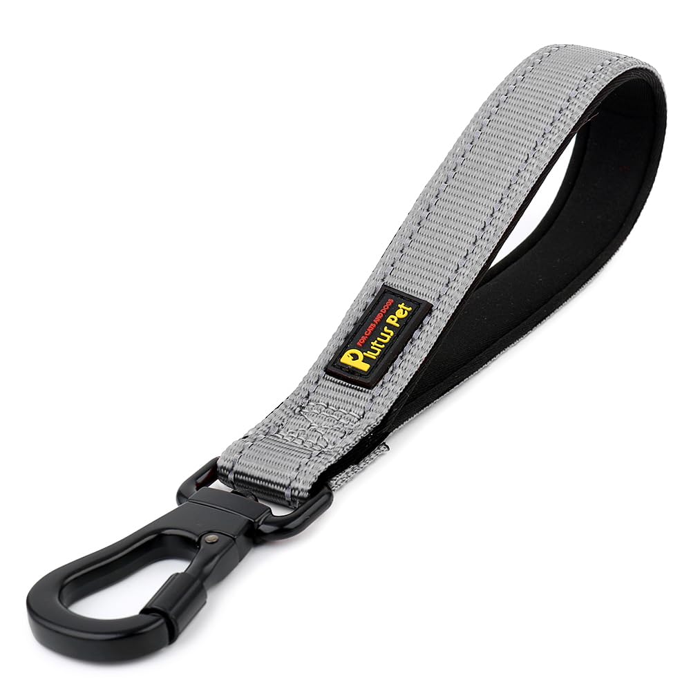 PLUTUS PET Short Dog Lead, Reflective Nylon Padded Handle, Strong Traffic Lead with Carabiner Clip, Perfect for Large or Medium Dogs (25cm，Gray)