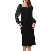 WOMLAYOUT Women's Formal Dress Square Neck Mesh Long Sleeve Evening Cocktail Pencil Dresses