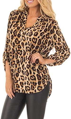 sisiyer Women's Casual V Neck Cuffed Sleeves Solid Chiffon Blouse Top Leopard Print Large