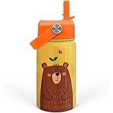 SANDJEST Bear Water Bottle - Kids Water Bottle with Straw Lid - 12 Oz Insulated Stainless Steel Water Bottles for Kid Boys - Travel Cup for School Sports