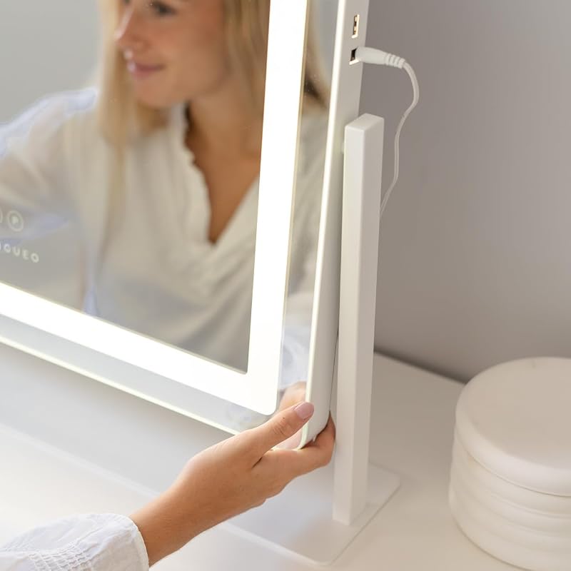 Specchio Trucco con Luci - Striscia LED - 3 Modi di Luce - Intensità Regolabile - Controllo Tattile - Presa USB - Specchio Ingranditore Incluso - Bianco - 64x12x54,5cm