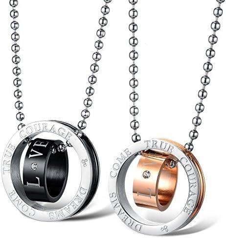 Mintik Jewelry Stainless Steel Men's Womens 2PCS Engraved DREAM COME TRUE COURAGE Round Hoop Love Wedding Engagement Pendant Necklace