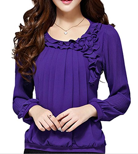 C2U Women Pullover Elegant Wave Flouncing Long Sleeve Chiffon Shirt,X-Large,Purple