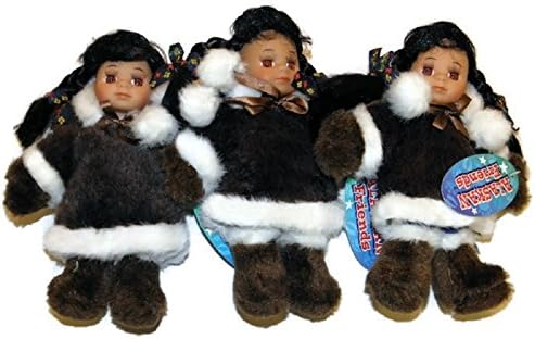 Set of 3 Traditional Alaskan Eskimo Dolls w/ Dark Fur Parka 7.5 in.