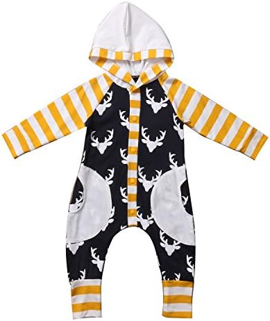 AnneBella Cotton Newborn Baby Girl Boy Rompers Deer Pocket Long Sleeve Hoodie Striped Leggings Clothes 0-24M