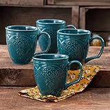 The Pioneer Woman Farmhouse Lace Mug Set,OCEAN TEAL 4-Pack | Antique Finish Durable Stoneware Lace Mug Set, 4-Pack - OCEAN TEAL