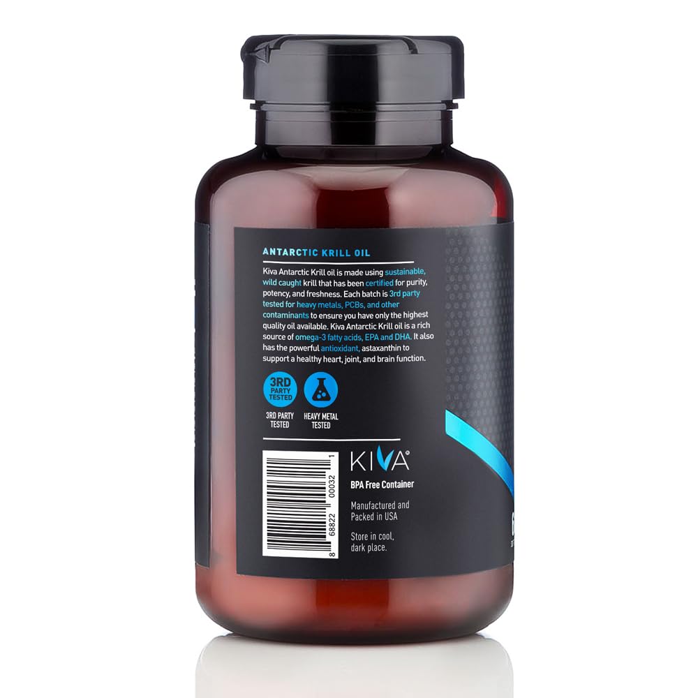 Kiva Antarctic Krill Oil - Sustainably Wild-Caught Krill (60 Softgels) - 1000mg, Rich with Omega-3 Fatty Acids, EPA, DHA and Astaxanthin, No Fishy Aftertaste, 3rd Party Tested, BPA-Free Bottle