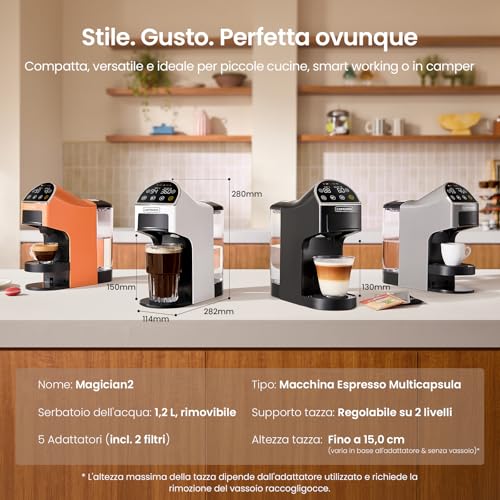 Magician2 5 in 1 Multi-Capsules Coffee Machine for Nespresso, Dolce Gusto, Lavazza A Modo Mio, ESE 44 and Ground Caps, Touch LED, Self-Adaptive, 20 Bar, 1.2L, Espresso Machine for Home and Office