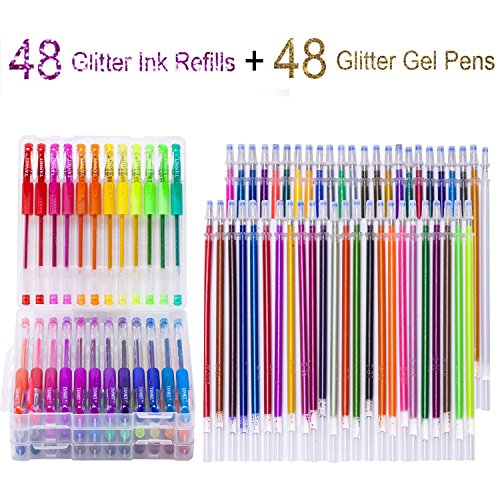 Tanmit Glitter Gel Pens 96 Gel Pens Glitter Coloring Set Including 48 Sparkly... Drawing