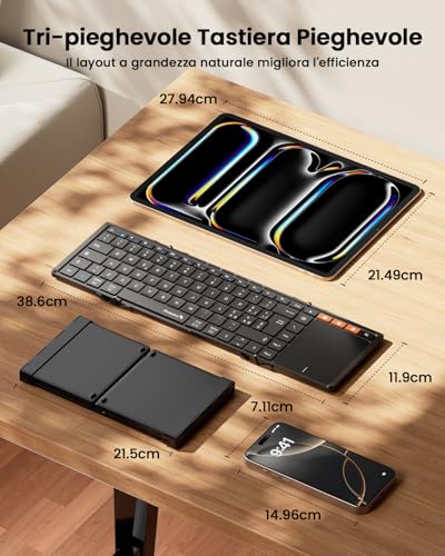 ProtoArc XK01 TP Folding Bluetooth Keyboard, Large Italian Layout Wireless Keyboard with Touchpad, Portable Travel iPad Keyboards for iOS, Android, Windows Tablet PC – Black