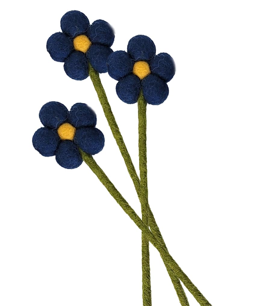 your castle Felt Flowers, Handmade Decorative Flowers, Fair Trade, Sustainable Felt Decoration, Realistic Artificial Flowers, Artificial Fabric Flowers, Pack of 3 with Dark Blue Flowers