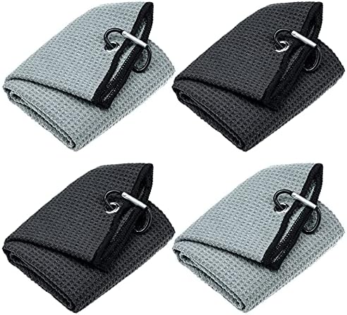 4 Pack Golf Towel Waffle Pattern with Heavy Duty Carabiner Clip, Hmxpls Tri-Fold Microfiber Golf Towels for Golf Bags with Clip, Golf Accessories for Men – 2 Black & 2 Grey 4 Pack Golf Towel Waffle Pattern with Heavy Duty Carabiner Clip, Hmxpls Tri-Fold Microfiber Golf Towels for Golf Bags with Clip, Golf Accessories for Men – 2 Black & 2 Grey
