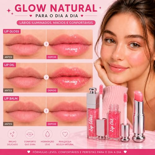 Kit Lip Gloss + Lip Balm + mini Lip Oil 3 em 1 Rosa | Brilho Labial com Glow Natural e Hidratação | Não Grudento | Aroma Frutado | À Prova D’Água