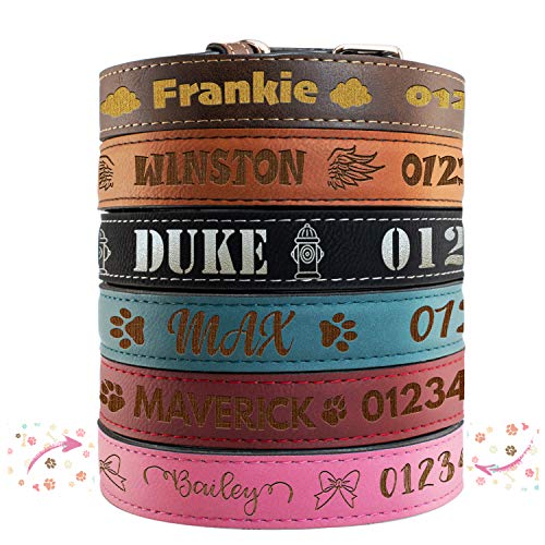 Personalized Leather Dog Collar | 3 Adjustable Sizes – 9 Icons with Your Pet’s Name | Medium – Pink | – Safe&Secure Pet Collars with ID, Custom Text for Dogs and Puppy – Small Medium Large Puppies