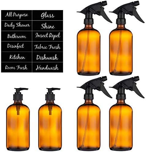 Amber Glass Spray Bottle and Pump - Set of 6 | 16 Ounce Size | Refillable Empty Brown Boston Bottles for Essential Oils | Homemade Cleaner Solutions | Mist and Stream Sprayer Nozzle | Reliable Trigger