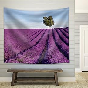 Rich Lavender Field in Provence, France, with a Lone Tree in The Background - Fabric Wall Tapestry Home Decor - 51x60 inches
