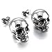 MENDINO Mens Stainless Steel Stud Earrings Silver Tone Black Skull