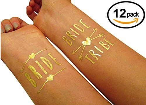 PRESTIGE 12 Bachelorette Bride and Bride Tribe Temporary Tattoo Tattoos Long Lasting Gold Metallic Bridal Shower Bridesmaid Party Supply Gift