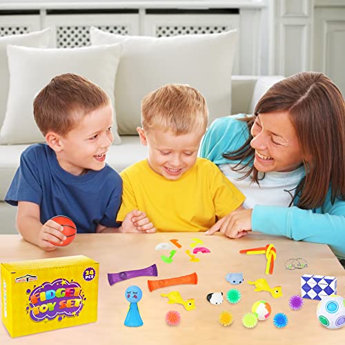 LOVESTOWN Fidget Toys, 24 Pcs Sensory Fidgets Toy Pack, Stress Anxiety Relief Autism Tool Girl Boy Autistic Toddlers ADHD Pop Bundle Squeeze Fidgets Box Set for Kids Adults Prizes Party Favors Gift