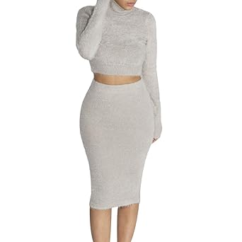 Damen Einfarbig Zweiteiler - Mode Langarmshirts Hohem Kragen Pullover Crop Tops + Midi Röcke Bleistiftrock Frauen Elegant Sli