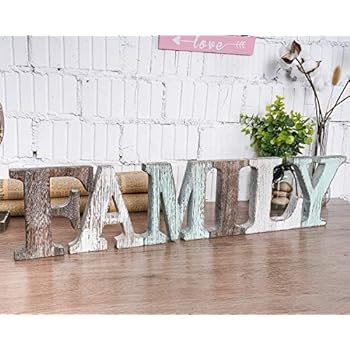Wood Family Signs Wall Decor, Decorative Wooden Blocks Rustic Letters Cutout Farmhouse Home Decor, Multicolor, Bedroom Kitchen Living Room Table Centerpiece Words, Freestanding with Double Sided Tape