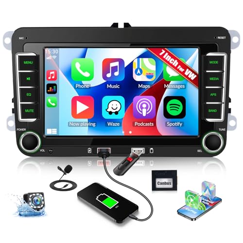 CAMECHO 7 Pulgadas CarPlay Autoradio para VW Golf 5/6 Polo Passat Seat Touran y Skoda Tiguan con Cámara Trasera, Radio Bluetooth con Inalámbrico Android Auto FM RDS Puertos USB Duales Sonido EQ