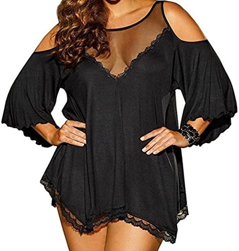 Women's Plus Size Sexy Lingerie Babydoll Sleepwear Set Night Shirt Pajamas With Underwear (XXL, Black)