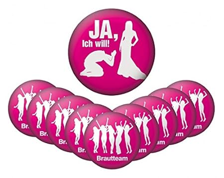 Quantio 10er Set WELLGRO® Ansteck Button - Junggesellenabschied - 1x JA, ich Will! Ø 5,6 cm und 9X Brautteam je Ø 3,7 cm - Pi