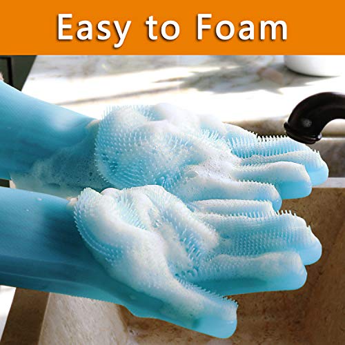 ThxToms Reusable Silicone Dishwashing Gloves, Pair of Rubber Scrubbing Gloves for Dishes, Wash Cleaning Gloves with Sponge Scrubbers for Kitchen, Bathroom and Car (Blue)